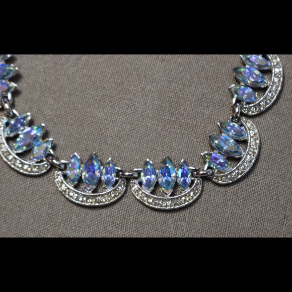 Vintage jewelry blue and clear AB rhinestone Bogoff  statement necklace - Picture 6 of 10